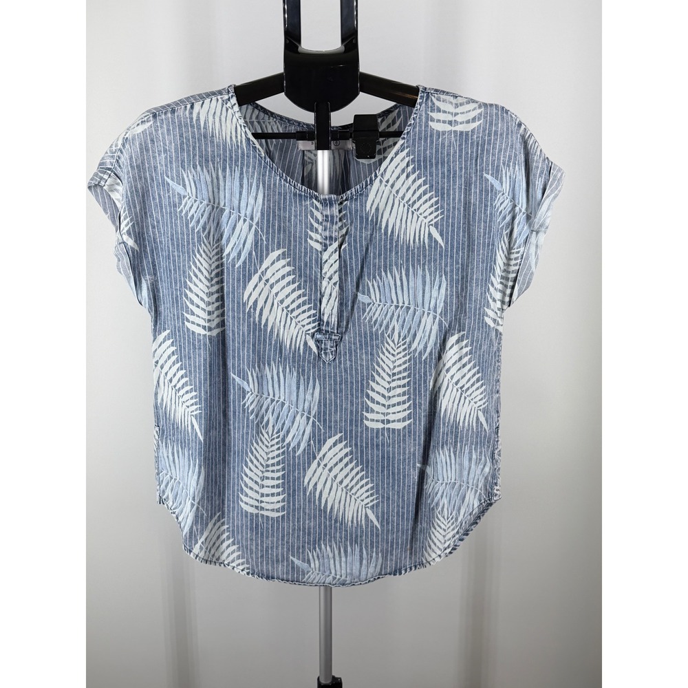 Billy T Womens Blue Tropical Palm Leaf Striped Blouse Top Size M